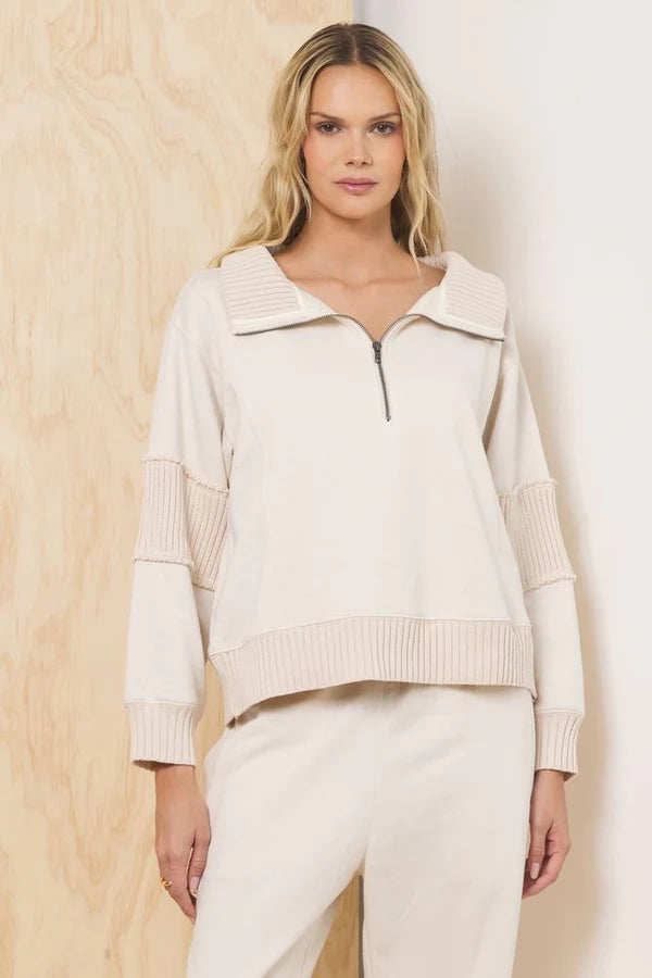 Bone Fleece Ribbed Quarter Zip