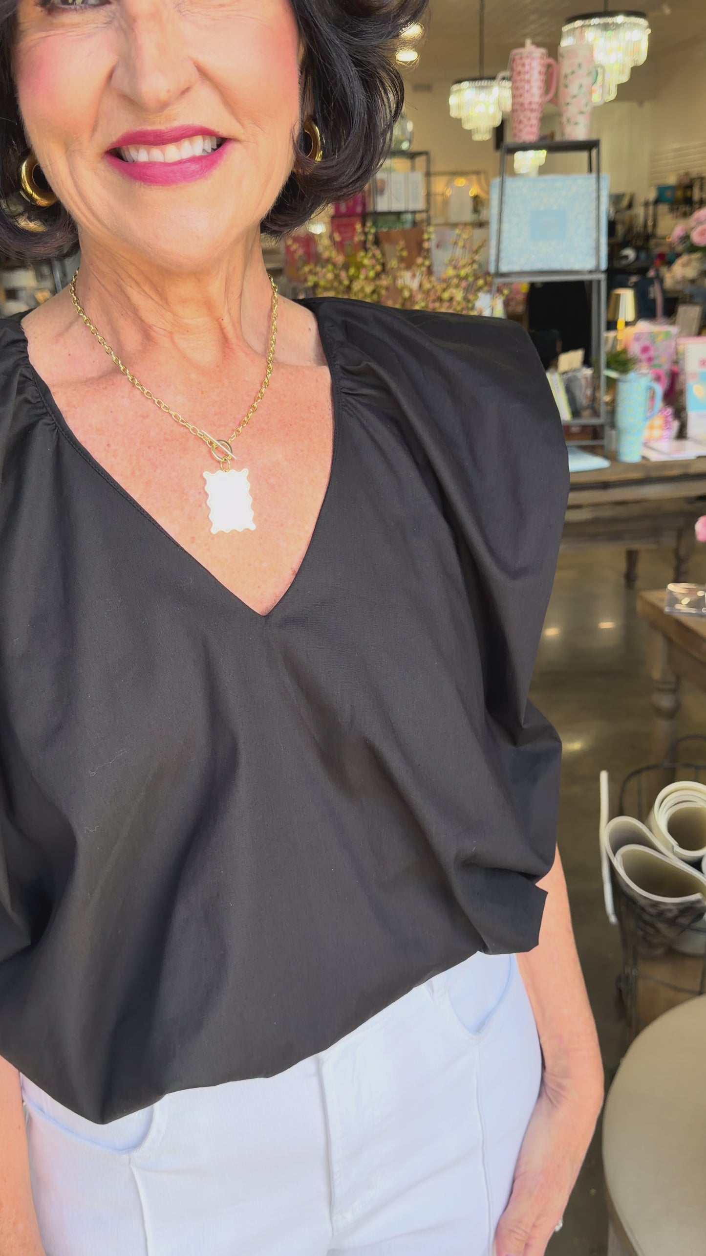 KARLIE Poplin V Neck Bubble Top