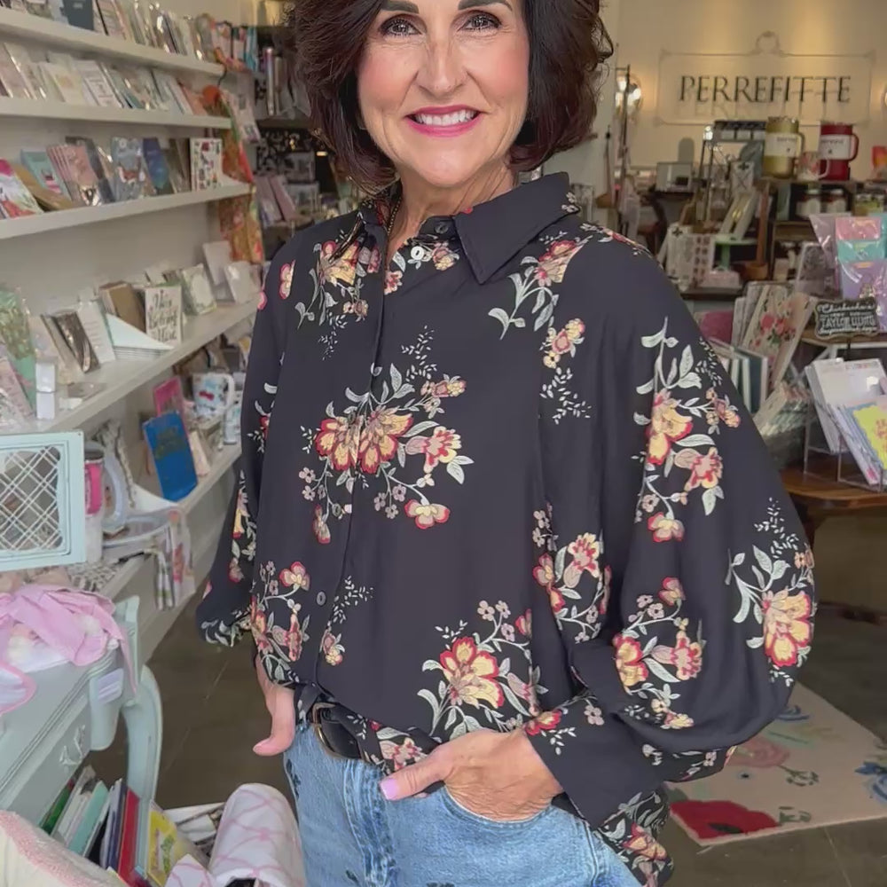 
                      
                        Load and play video in Gallery viewer, Night Fall Floral Button Up Top
                      
                    