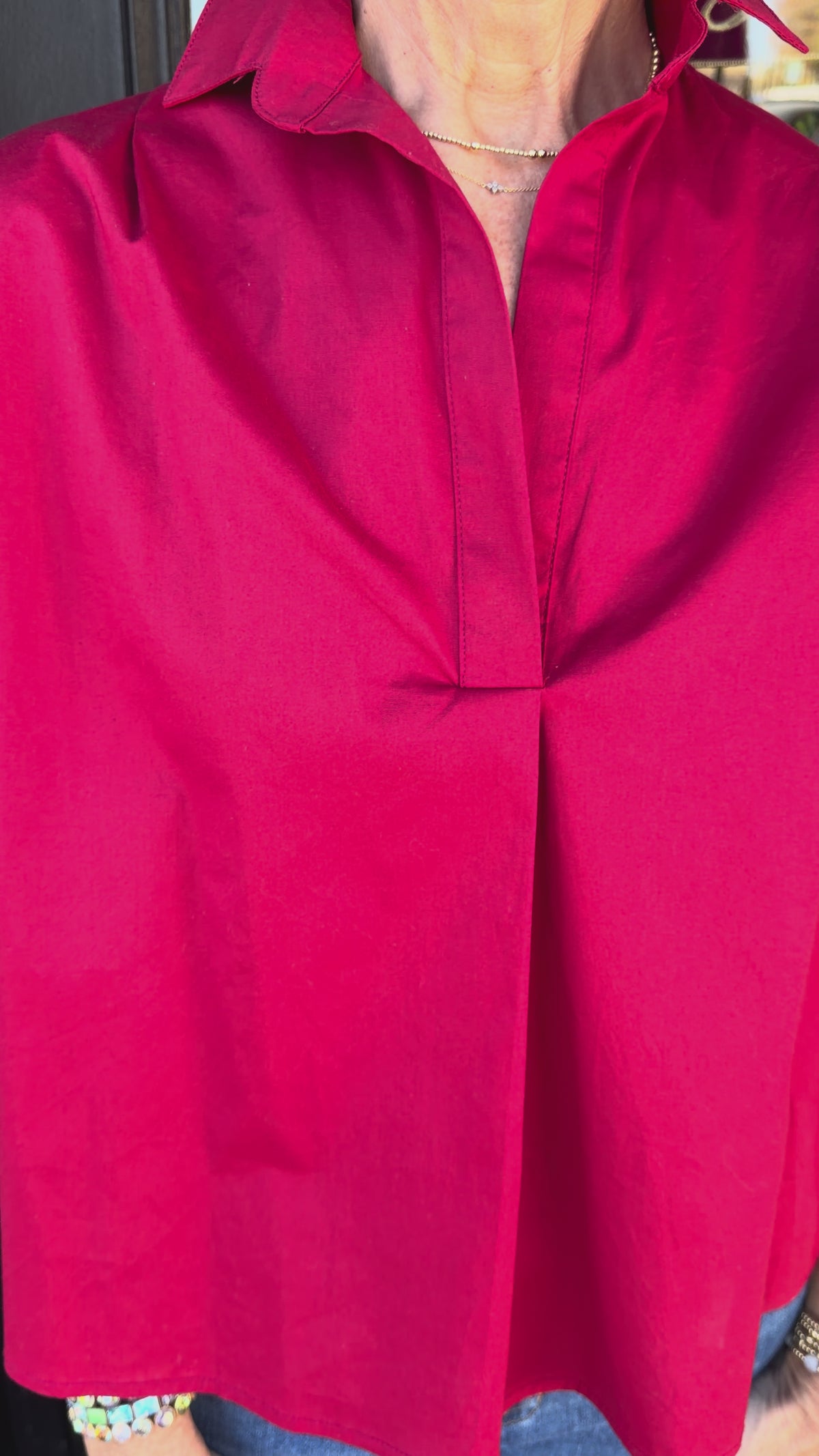 Karlie Solid Poplin V-neck Collar Top