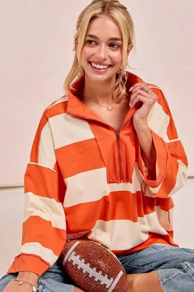 
                      
                        Get Your Game On Orange Striped Top
                      
                    